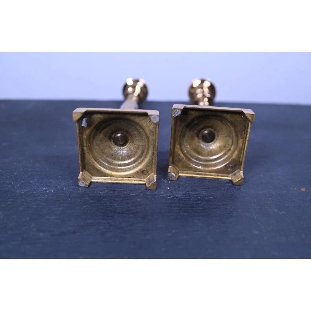 Vintage Square Bottom Brass Candle Stick Holders Set of 2 Gold Taper 7.25 inch